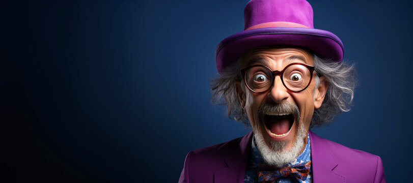 surprised happy funny old man in a suit and hat with his mouth open on an blue background with a copy space
