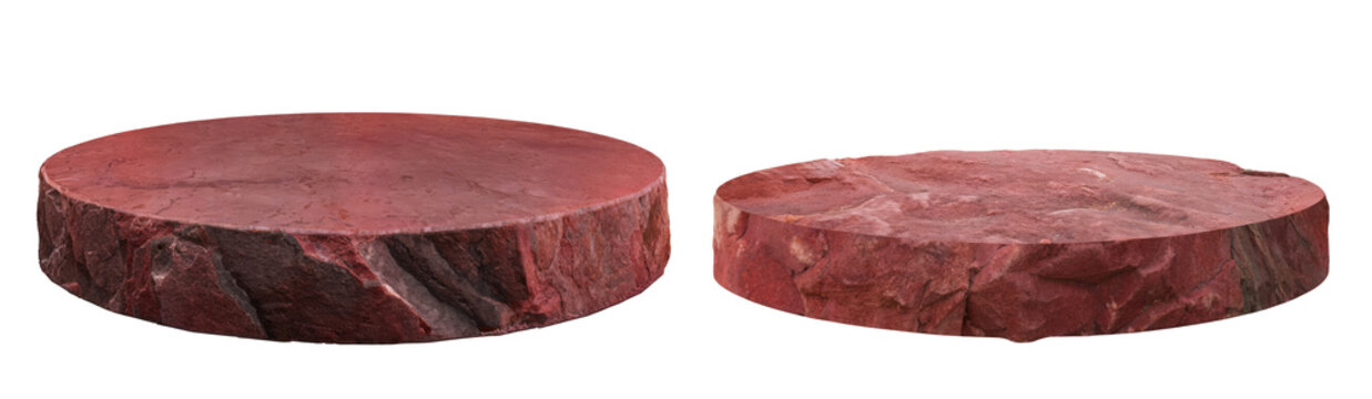 Set of red rock podiums, round pedestals, for stage showcases, and mockup product displays, isolated on a transparent background. PNG, cutout, or clipping path.