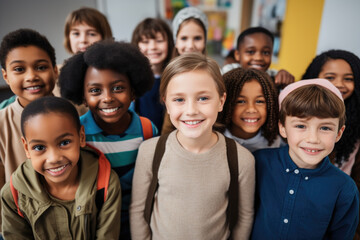 Fototapeta premium Happy multi-ethnic junior school students standing in classroom, smiling and posing for group portrait together