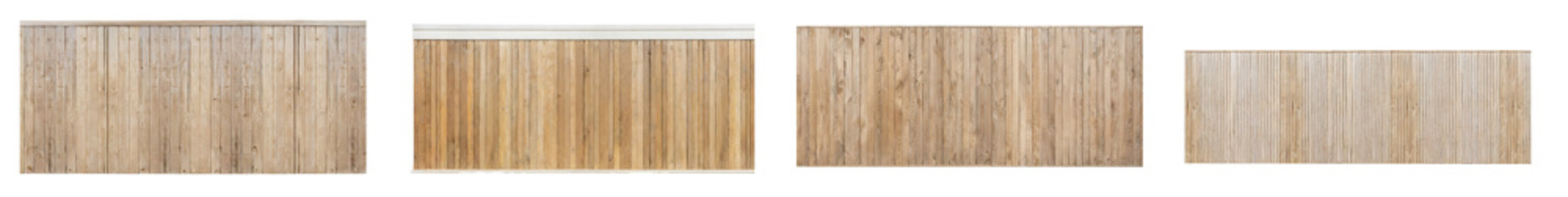 Set of stylish wooden garden wall panels, barriers, or borders, isolated on a transparent background. PNG, cutout, or clipping path.