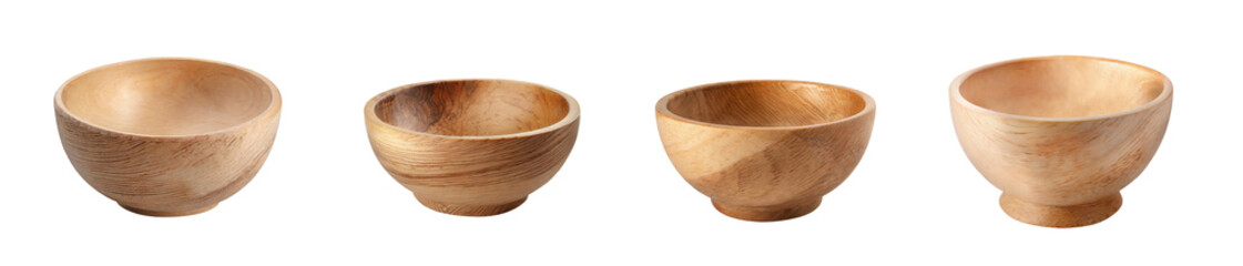 Empty wooden bowls, isolated on a transparent background. Set of wood bowls collection.. Isolated on a transparent background. PNG, cutout, or clipping path.