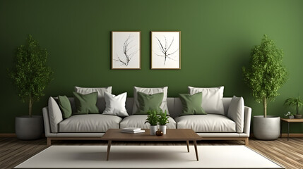  Rustic sofa with green pillows and side tables near dark green wall with poster frame. Scandinavian interior design of modern stylish living room