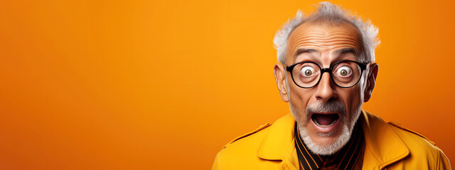 surprised happy funny old man in glasses with mouth open on an orange background with a copy space