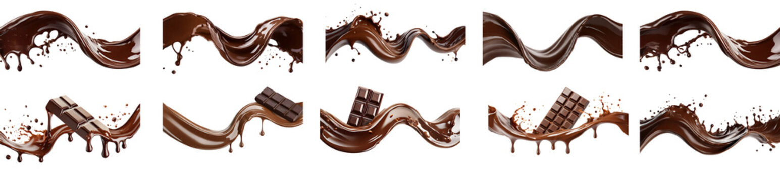 Collection of dark creamy chocolate bars with Choco wave splashes and droplets, and melting syrup, isolated on a transparent background. PNG, cutout, or clipping path.