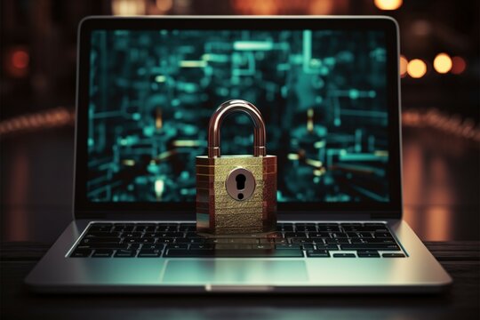 Digital security represented by laptop and padlock for tamper prevention
