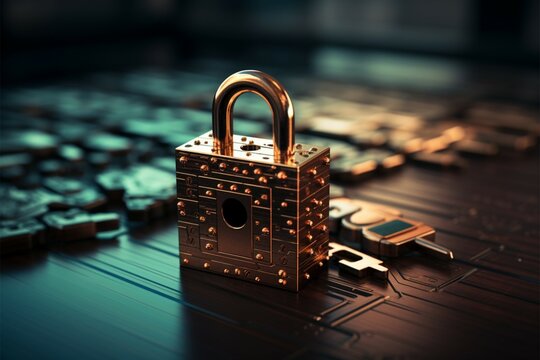 Digital security showcased with a padlock placed before a computer