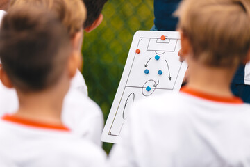Sports Tactics Stratego Board. School Coach Explaining Game Tactics to Children Team. Boys Listening to Coach Pre-Match Briefing