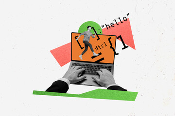 Creative poster collage of computer laptop screen coder numbers digital internet program keyboard...