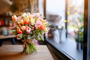 A vibrant bouquet of fresh flowers in a florist shop, showcasing their beauty and the variety of colors, making them a perfect gift. - obrazy, fototapety, plakaty