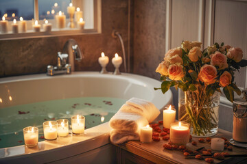 In a hotel bathroom, the presence of a bathtub, candles, and soft lighting fosters a sense of...