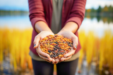 A close-up of a farmer's hand cradling a handful of raw, organic wild rice, an essential component of healthy, vegetarian cuisine.