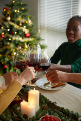 Friends toasting at Christmas party celebrating holiday at home