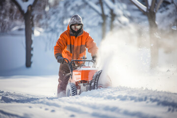 A snowblower in action: A man working to clear a snowy area in cold winter weather. - obrazy, fototapety, plakaty