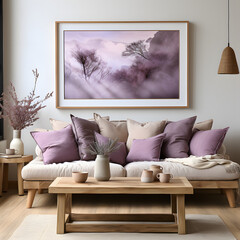 Rustic sofa with violet pillows and accent wooden coffee table against beige wall with poster frame, scandinavian home interior design of modern living room