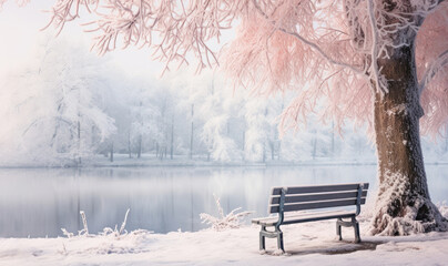 A serene Christmas morning in the park, where a snow-covered bench by the lake invites contemplation and meditation amid the frozen, wonderland-like forest. - obrazy, fototapety, plakaty