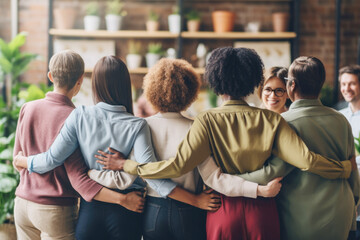 Group of mix race people, co-workers hugging each other at the work place supporting each other, back view. Unity, togetherness, straight and LGBTQ people working together - Powered by Adobe