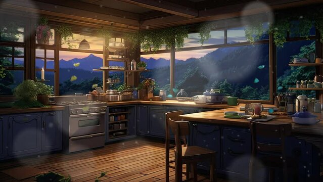 Cinematic beautiful Scandinavian open kitchen view windows with cartoon style. seamless looping time-lapse virtual 4k video animation background.
