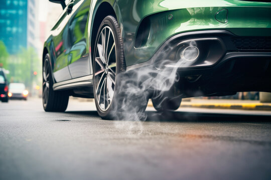 Exhaust pipe of a car blowing out the pollution from the back of a green car