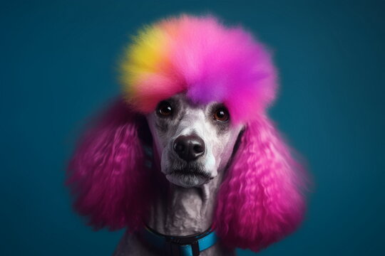 Close up portrait of poodle dog with neon colored hair