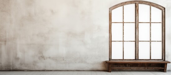 Old European window made of wood on white concrete wall