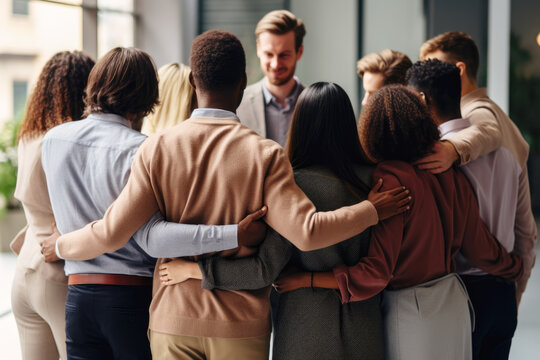 Group of mix race people, co-workers hugging each other at the work place supporting each other, back view. Unity, togetherness, straight and LGBTQ people working together