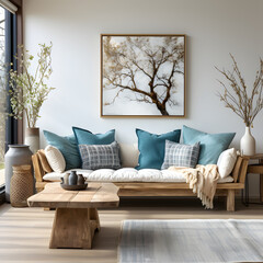 Rustic sofa with white and blue pillows against wall with big blank mock up poster frame. Scandinavian home interior design of modern living room - obrazy, fototapety, plakaty