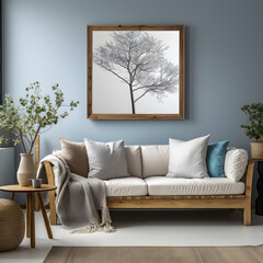 Rustic sofa with white and blue pillows against wall with big blank mock up poster frame. Scandinavian home interior design of modern living room
