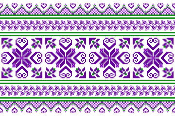 Pixel art geometric pattern. ethnic Abstract, fabric design pixel art. colorful purple flowers, hearts, white background. designed for fabric patterns, textiles, home decor, cross stitch, scarves.