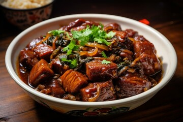 Spicy Chinese dish pork. Asian meal table. Generate Ai - obrazy, fototapety, plakaty