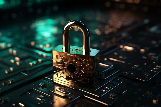 Symbolic padlock, key, and encrypted data emblematic of digital protection