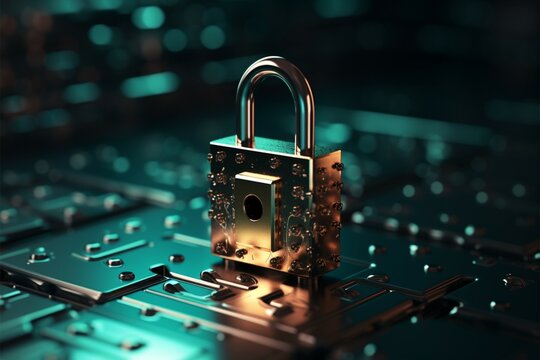 Symbolic padlock, key, and encrypted data emblematic of digital protection