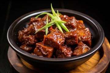 Flavorful Chinese dish pork. Asian meal table. Generate Ai