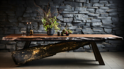 Fototapeta na wymiar Rustic table made from solid natural aged wood slab on stones rubbles. Interior design of modern dining room with wild stone wall