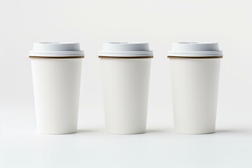 Three white coffee cups with lids on a white background. Generative AI