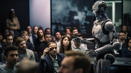 Presentation of a robot with AI at a conference in front of people