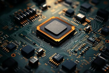 Top down vintage microchip view showcases its intricate, geometric design