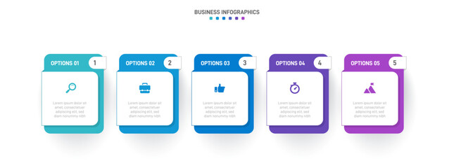 Timeline infographic with infochart. Modern presentation template with 5 spets for business process. Website template on white background for concept modern design. Horizontal layout.