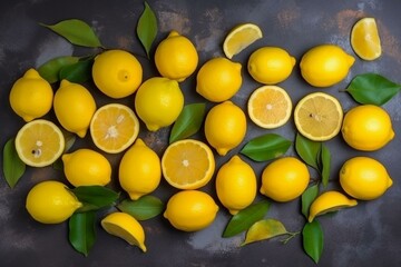 Top view of vibrant yellow lemons arranged neatly on a flat surface. Generative AI