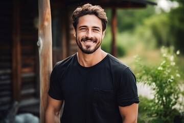 Fototapeta na wymiar Portrait of young handsome man with beard and glasses, Young man in black shirt smiling looking at camera, Outdoor nature background