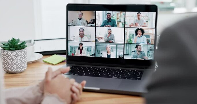 Computer screen, online meeting and business people on laptop in office for discussion and b2b networking together. Video call, virtual conference with men and women digital consulting for planning.