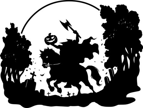 Headless Horseman Silhouette Running Axe And Jack's Lantern Pumpkin Head. Vector Hand Drawn Illustration Isolated On Transparent Background