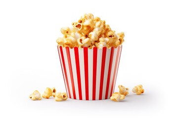 caramel cinema popcorn bowl without background, sweet tasty popcorn red striped carton bucket box isolated on white background.