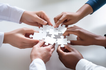 Business hands, puzzle and group of people for solution, teamwork and goals, integration and success. Team building, synergy and collaboration