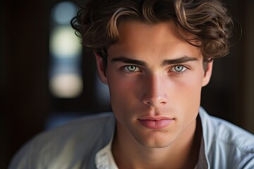 Obraz premium A confident and attractive young man, exuding modern style, poses for a closeup portrait with a trendy, serious look.