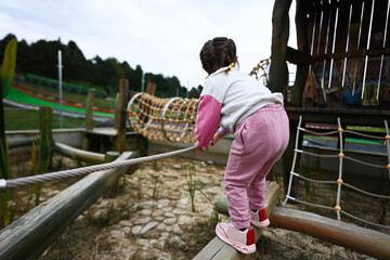 Little girl climbing on a rope ladder in a park, back view.