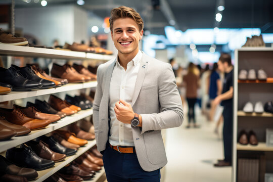 A fashionable, stylish man shopping for a new shoe in a high-quality boutique during a sale.