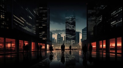 Fototapeta na wymiar Dark figures of people on the background of the night city