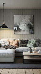 home interior design of modern living room. Grey sofa and armchair against classic paneling wall with posters