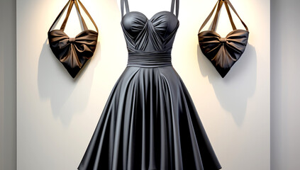 Little black dress hanging on a clothing rack. Boho chic style. classic little black dress on hanger.