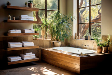 Modern Bohemian wooden bathroom in boho style. Bathtub and wooden towel rack, potted plants.
